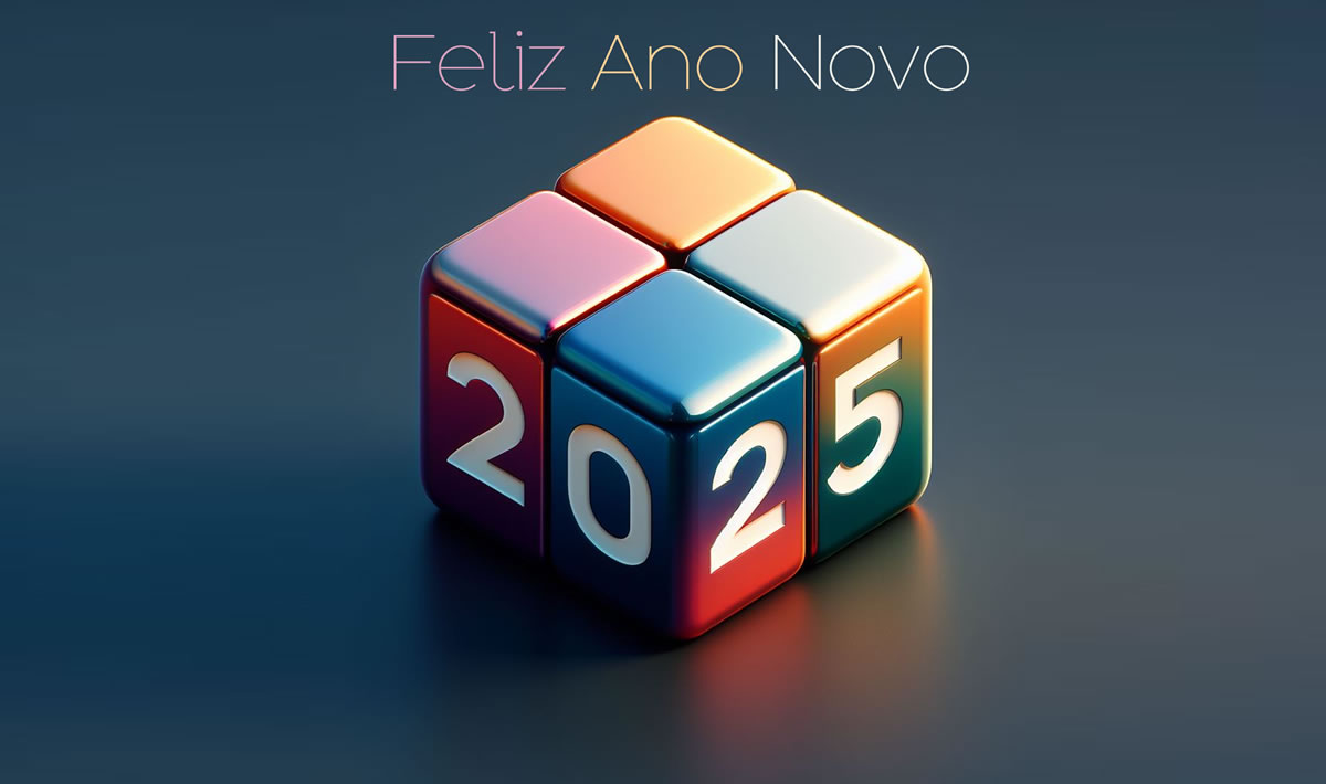 Imagem com cubo 3D e números do ano novo 2025 nas laterais